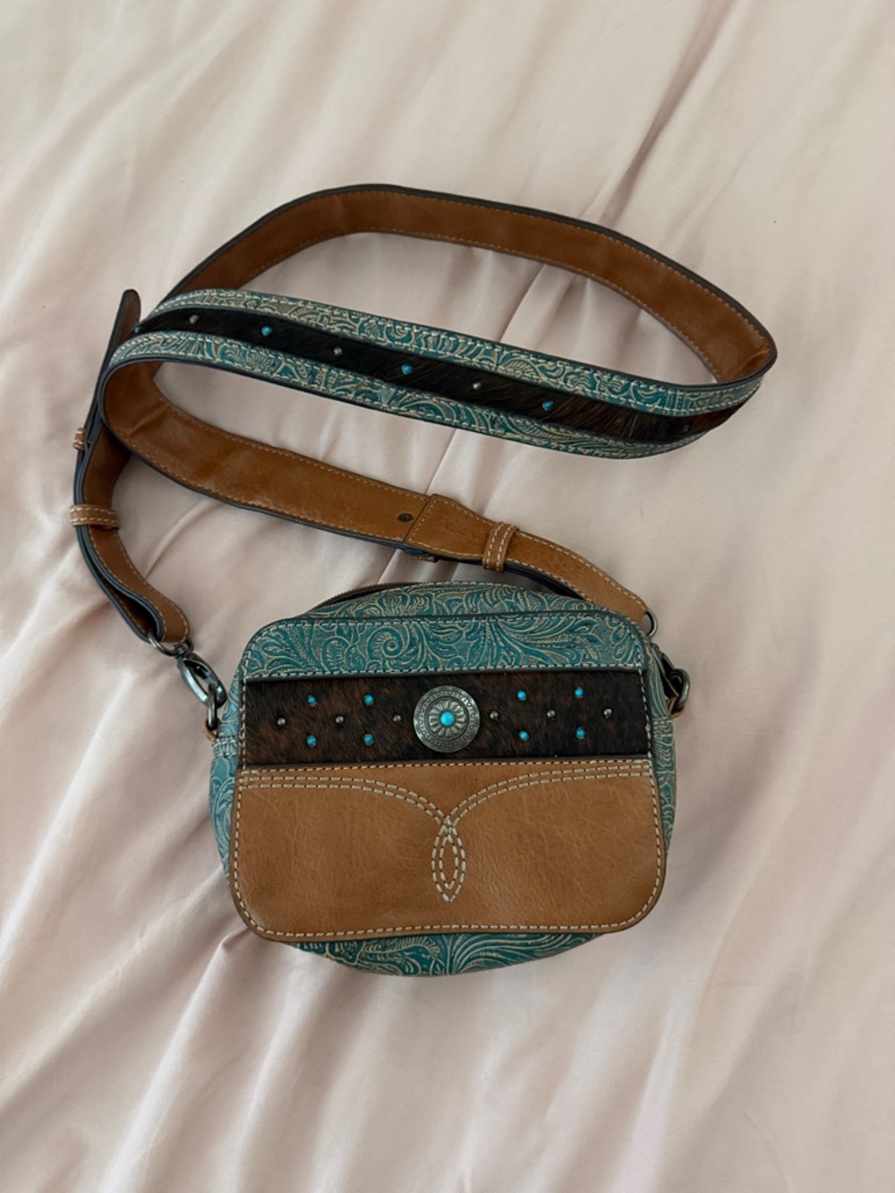 Justin Boots Teal Paisley Crossbody with Brown Leather Trim